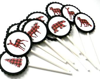 12 Lumberjack Cupcake Toppers, Red Plaid Toppers, Wildlife Toppers, Lumberjack Birthday, Woodland Birthday, Rustic Topper, Lumberjack Shower