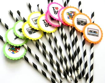 12 Neon 80s Party Straws, 80s Theme, Throwback Straws, Boombox, Neon Birthday, 80s Party, Sunglasses, Stripe Paper Straws, Party Decor