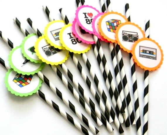 12 Neon 80s Party Straws 80s Theme Throwback Straws Boombox