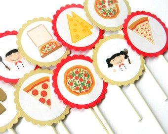 12 adornos para cupcakes de pizza, fiesta de pizza, noche de chicas, adornos de pizza para cumpleaños, chef de pizza, adornos para tartas, baby shower de pizza