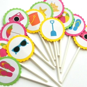 12 Beach Cupcake Toppers, Summer Time, Summer Birthday, First Birthday, Sunglasses, Beach Party, Beach Birthday, Baby Shower, Pool Party