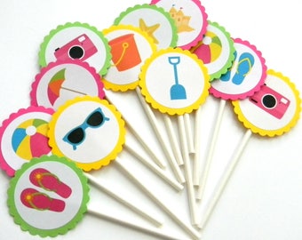 12 Beach Cupcake Toppers, Summer Time, Summer Birthday, First Birthday, Sunglasses, Beach Party, Beach Birthday, Baby Shower, Pool Party