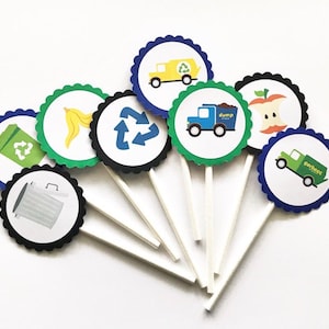 12 Recycle Theme Cupcake Toppers, Garbage Truck, First Birthday, Recycle Party, Trucks, Dump Truck, Favors, Recycle Birthday, Vehicles