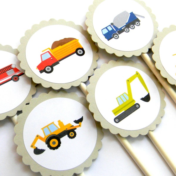 12 adornos brillantes para cupcakes con forma de camión, para cumpleaños de camión, fiesta de construcción, primer cumpleaños, camión de cemento, camión de bomberos, fiesta de camiones, transporte