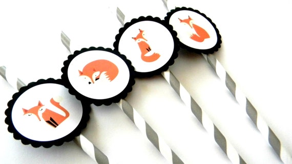 12 Fox Party Straws, First Birthday, Fox Theme, Fox Birthday, Fox Party, Woodland Party, Fox Straws, Stripe Straws, Woodland Birthday, Party Il_570xn