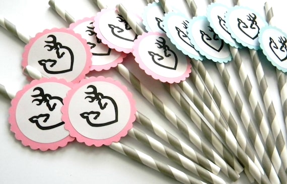 12 Doe or Buck Party Straws, Baby Shower, Gender Reveal, Doe and Buck Theme, Deer Party, Deer Baby Shower, Hunting Theme, Stripe Straws Il_570xn