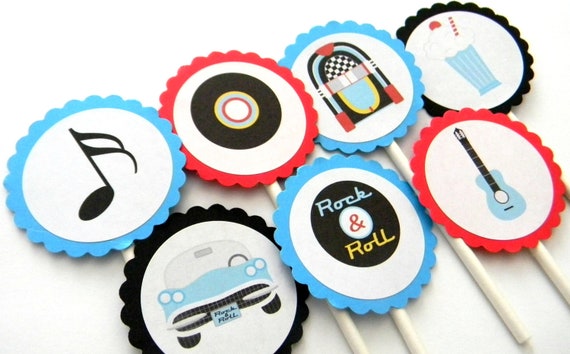 12 Retro 50s Cupcake Toppers, 50s Birthday, Birthday Toppers, Rock and Roll, 50s Party, I love the 50s, Music Note, Classic Car, Birthday Il_570xn