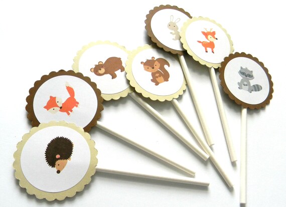 12 Baby Woodland Animals Cupcake Toppers, Woodland Birthday, Fox Theme, Woodland Animals, Fox Party Decor, Forest Animals, First Birthday Il_570xn