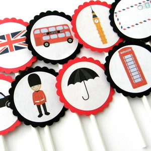 12 London Cupcake Toppers, London Theme, Going Away Party, First Birthday, England Toppers, London Party, Baby Shower, London Toppers
