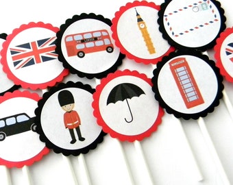 12 London Cupcake Toppers, London Theme, Going Away Party, First Birthday, England Toppers, London Party, Baby Shower, London Toppers