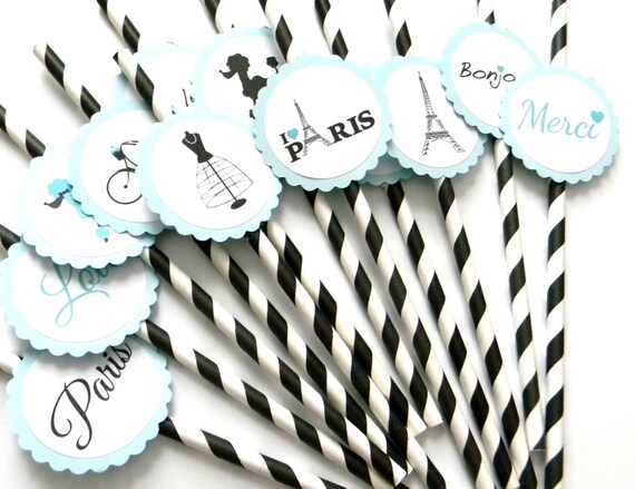 12 Blue Paris Party Straws, First Birthday, Paris Theme, French Birthday, Powder Blue, Stripe Straws, Paris Birthday, Paris Baby Shower Il_570xn