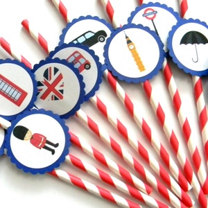 12 London Party Straws, London Birthday, England Party, British Flag, London Theme, Big Ben, First Birthday, London Party, Going Away Party