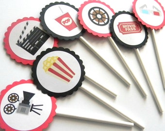 12 Movie Theme Cupcake Toppers, Movie Birthday, First Birthday, Popcorn, Movie Theme, Baby Shower, Movie Watching, Sleepover Party, Film