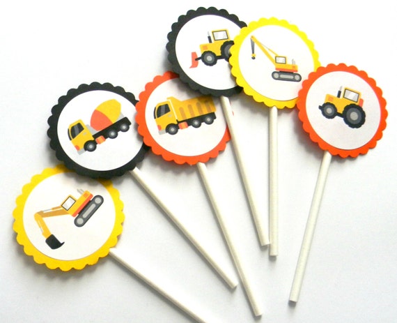 12 Orange Construction Cupcake Toppers, Truck Birthday, First Birthday, Dump Truck, Construction Party, Bulldozer, Truck Theme, Party Il_570xn
