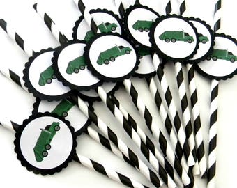 12 Garbage Truck Straws, Truck Theme, First Birthday, Stripe Straws, Garbage Truck Theme, Boy Birthday, Green Truck, Trash Truck, Party