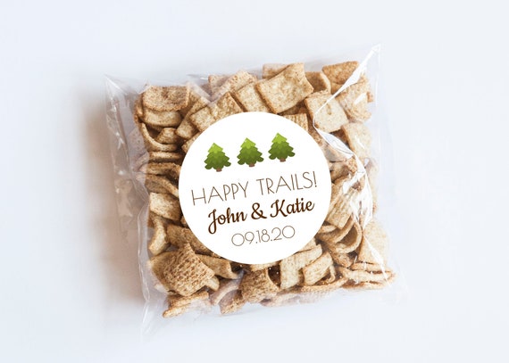 Happy Trails Stickers, Wedding Labels, Pine Trees, Favors, Save the Date, Trail Mix Labels, Woodland Theme, Wedding Stickers, Party Favors Il_570xn