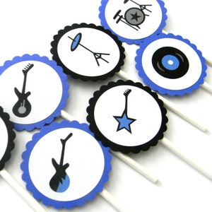 12 Blue Rockstar Cupcake Toppers, First Birthday, Rockstar Party, Baby Shower, Birthday, Guitar Theme, Let&#39;s Rock, Party Decor, Cake Topper