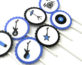 12 Blue Rockstar Cupcake Toppers, First Birthday, Rockstar Party, Baby Shower, Birthday, Guitar Theme, Let's Rock, Party Decor, Cake Topper