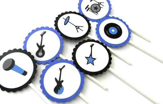 12 Blue Rockstar Cupcake Toppers, First Birthday, Rockstar Party, Baby Shower, Birthday, Guitar Theme, Let's Rock, Party Decor, Cake Topper Il_570xn