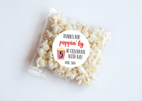 Popcorn Poppin' By Birthday Stickers, Popcorn Favors, First Birthday, Movie Birthday, Birthday Party, Favors, Movie Theme, Popcorn Favors Il_570xn