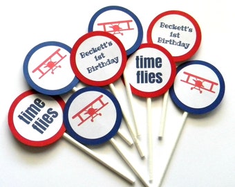12 adornos para cupcakes "El tiempo vuela", primer cumpleaños, tema de avión, cumpleaños de avión, baby shower, adornos de avión, tema del tiempo vuela