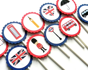 12 London Navy Cupcake Toppers, London Theme, Going Away Party, First Birthday, England Toppers, London Party, Baby Shower, London Toppers