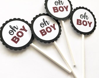 12 Oh Boy Plaid Cupcake Toppers, Red Plaid Toppers, Baby Shower, It's a Boy, Lumberjack Theme, Woodland Birthday, Adventure Awaits, Plaid