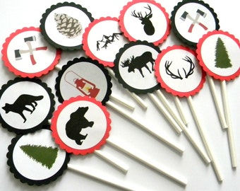 12 Lumberjack Cupcake Toppers, Red Plaid Toppers, Wildlife Toppers, Lumberjack Birthday, Woodland Birthday, Rustic Topper, Lumberjack Shower