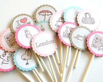 12 London Cupcake Toppers, London Theme, First Birthday, French Party, France, London Flag, London Birthday, I love London, Birthday Toppers