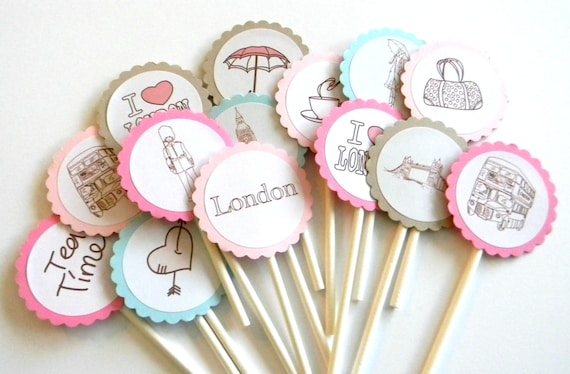 12 London Cupcake Toppers, London Theme, First Birthday, French Party, France, London Flag, London Birthday, I love London, Birthday Toppers Il_570xn