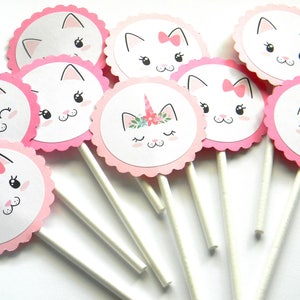 12 Cat Faces Cupcake Toppers, Cat Theme, Pet Birthday, Fancy Cat, Girl Cat, Kitty Theme, First Birthday, Cat Birthday, Pink Bow Cat, Party