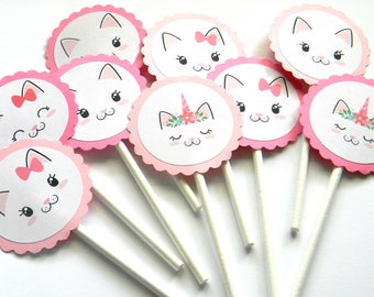 12 Cat Faces Cupcake Toppers, Cat Theme, Pet Birthday, Fancy Cat, Girl Cat, Kitty Theme, First Birthday, Cat Birthday, Pink Bow Cat, Party