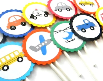 12 Transportation Cupcake Toppers, Vehicle Toppers, Cars Party, First Birthday, Transportation Theme, Cars Theme, Airplane Toppers
