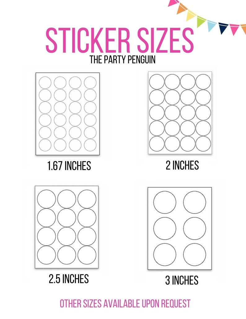 Puede incluir: Un gr&aacute;fico que muestra diferentes tama&ntilde;os de pegatinas redondas disponibles para comprar. Los tama&ntilde;os de las pegatinas son 1,67 pulgadas, 2 pulgadas, 2,5 pulgadas y 3 pulgadas. El texto "STICKER SIZES" y "THE PARTY PENGUIN" est&aacute; en la parte superior del gr&aacute;fico. El texto "OTHER SIZES AVAILABLE UPON REQUEST" est&aacute; en la parte inferior del gr&aacute;fico.