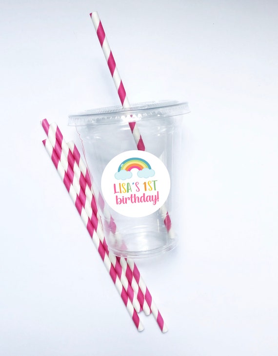 Rainbow Theme Party Cups, 16 oz, Drinking Cups, First Birthday, Plastic