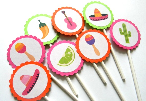 12 Pink Fiesta Cupcake Toppers, Birthday Party, Baby Shower, Mardi Gras, Fiesta First Birthday, Cake Toppers, Fiesta Shower, Fiesta Theme Il_570xn