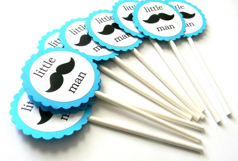 12 Teal Little Man Mustache Cupcake Toppers, Little Man Birthday, Mustache Theme, Baby Shower, It's a Boy, Baby Shower image 1