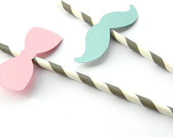 12 Gender Reveal Party Straws, Baby Shower, Boy or Girl, Mustaches and Bows, Gender Party, Stripe Straws