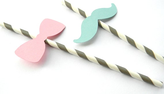 12 Gender Reveal Party Straws, Baby Shower, Boy or Girl, Mustaches and Bows, Gender Party, Stripe Straws Il_570xn