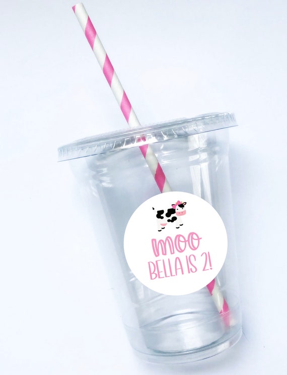 Pink Cow Theme Party Cups, 16 oz, Drinking Cups, First Birthday, Plastic Cups, Personalized, Girl Cow, Disposable, Straw, Happy Birthday Il_570xn