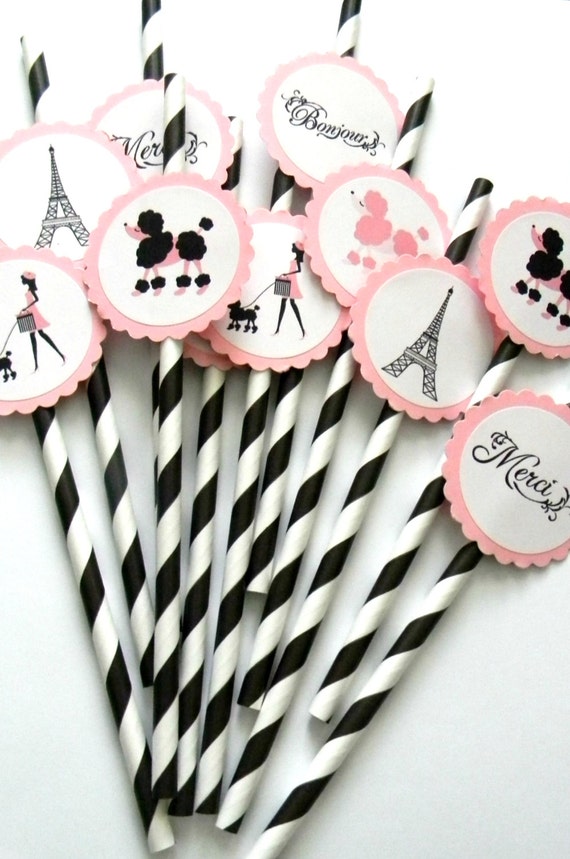 12 Paris Party Straws, Paris Birthday, French Theme, Parisian Theme, Paris Baby Shower, Poodle Party, Tea Party, Paris Theme, Poodle Theme Il_570xn