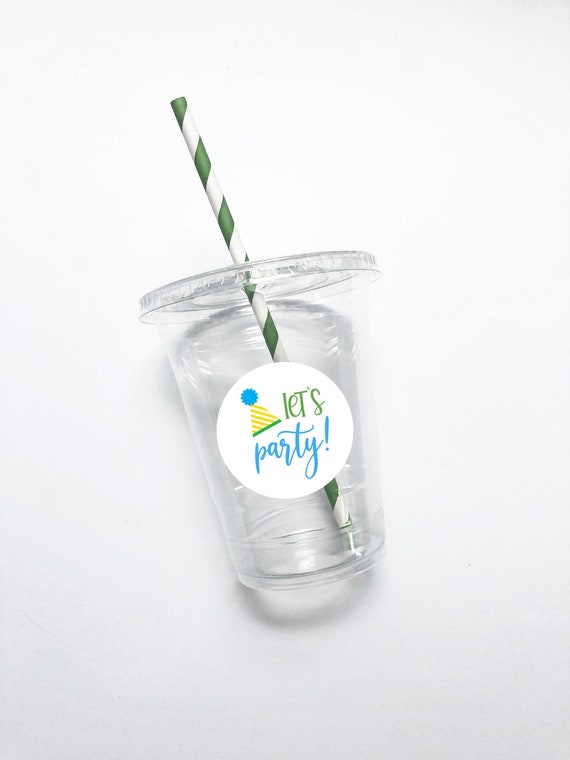 Let's Party Party Cups, 16 oz, Drinking Cups, First Birthday, Plastic Cups, Birthday Hat, Stripe Straw, Disposable, Straw, Happy Birthday Il_570xn