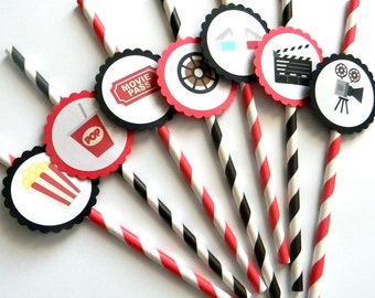 12 Movie Party Straws, Movie Theme, Movie Birthday, First Birthday, Watch Party, Popcorn, Movie Time, Pop Theme, Baby Shower, Stripe Straws