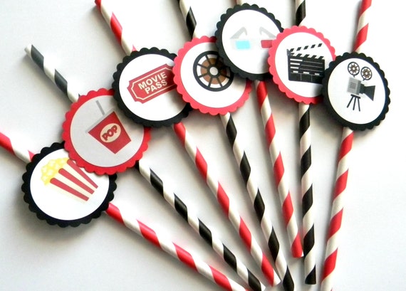 12 Movie Party Straws, Movie Theme, Movie Birthday, First Birthday, Watch Party, Popcorn, Movie Time, Pop Theme, Baby Shower, Stripe Straws