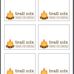 Trail Mix Bag Topper, Imprimable, Téléchargement instantané, Camping Imprimable, Trail Mix Favors, Cartes alimentaires, Anniversaire de camping, Cartes de tente, Étiquettes