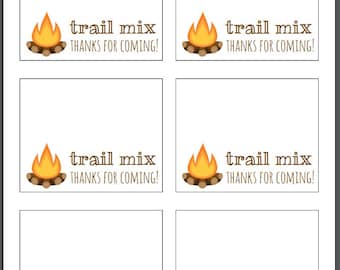 Trail Mix Bag Topper, Printable, Instant Download, Camping Printable, Trail Mix Favors, Food Cards, Camping Birthday, Tent Cards, Labels