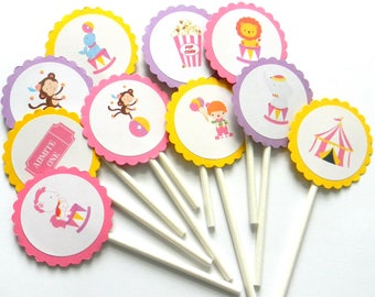 12 Pink Circus Cupcake Toppers, Circus Theme, Baby Shower, First Birthday, Circus Party, Circus Birthday, Girl Circus, Carnival Theme, Party