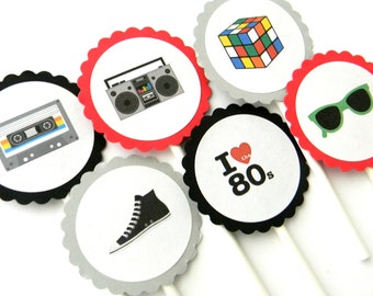 12 Awesome 80s Cupcake Toppers, 80s Theme, Birthday Toppers, 80s Birthday, Party Toppers, 80s Theme