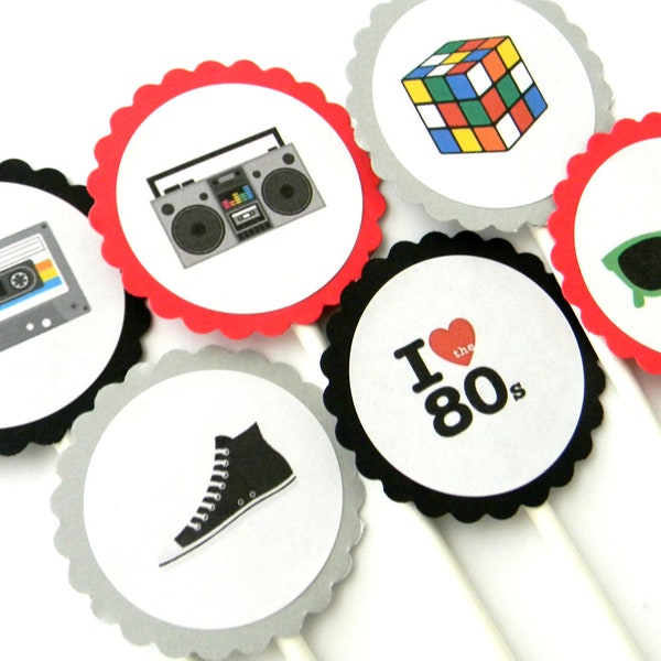 12 Awesome 80s Cupcake Toppers, 80s Theme, Birthday Toppers, 80s Birthday, Party Toppers, 80s Theme