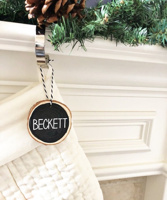 Custom Name Ornament, Stocking Tag, Wood Slice Ornament, Holiday Ornaments, Chalkboard Ornament, Rustic Christmas, Home Decor Il_570xn